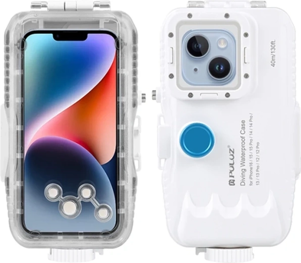 Vodotěsné potápěčské pouzdro PULUZ pro iPhone do 40 m s jednosměrným ventilem, bílé