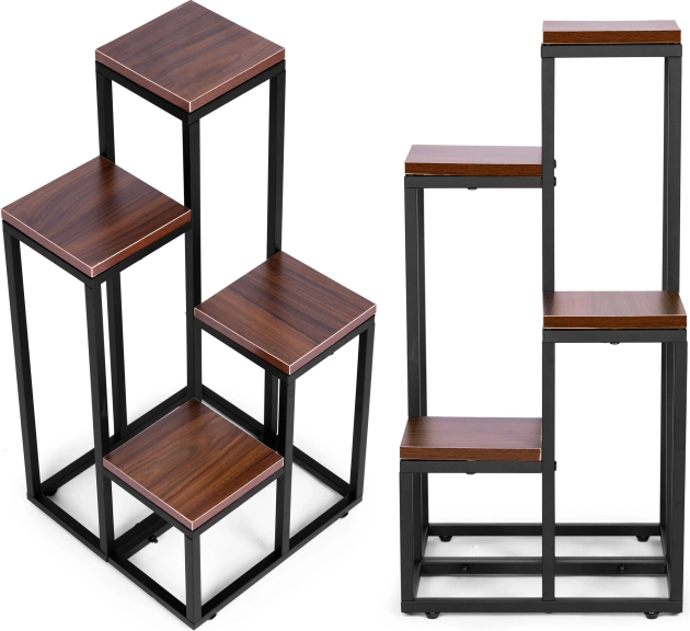 Stojan na rostliny s policemi ModernHome 4 úrovně kov a MDF tmavý ořech