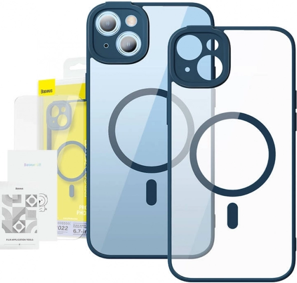 Průhledné magnetické pouzdro a tvrzené sklo Baseus pro iPhone 14 Plus modré