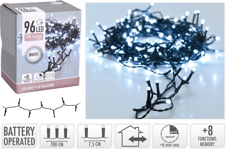 Vánoční LED osvětlení 7 m, 96 LED, studená bílá, 8 funkcí, s časovačem