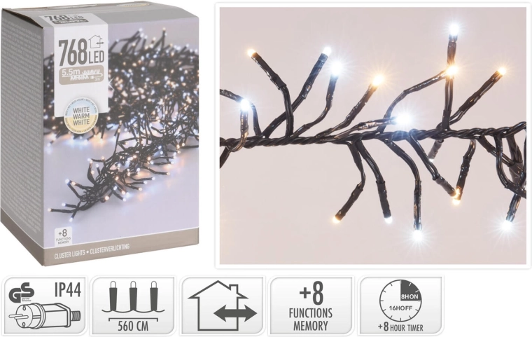 Vánoční LED světelný řetěz 5,6 m, 768 LED, teplá bílá, 8 funkcí, IP44, s časovačem - 1 kus