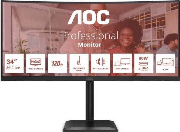 AOC 34" zakřivený monitor CU34E4CV, 120 Hz, VA, HDMI/DP, RJ45, výškově nastavitelný, reproduktory