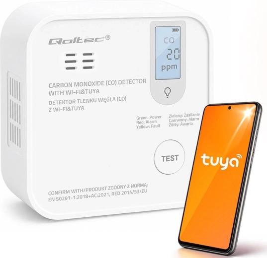 Wi-Fi detektor oxidu uhelnatého TUYA s LCD displejem a LED alarmem