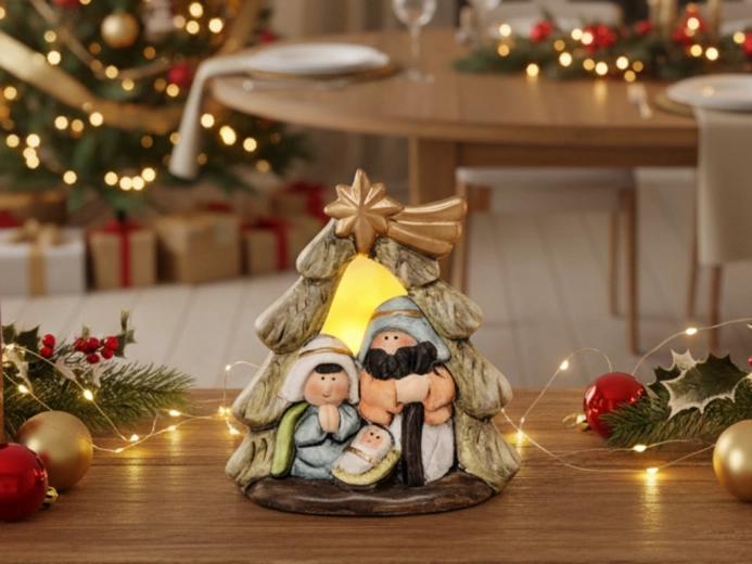 Vánoční betlémská dekorace ve tvaru stromku s LED osvětlením 11,5 cm