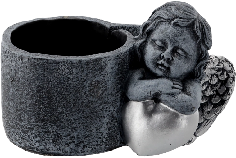 Cementový hřbitovní květináč s andělíčkem, tmavě šedo‑stříbrný 24,5 × 14 × 15 cm