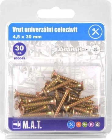 Univerzální vruty celozávitové 4,5 × 30 mm, zinkované, 30 ks