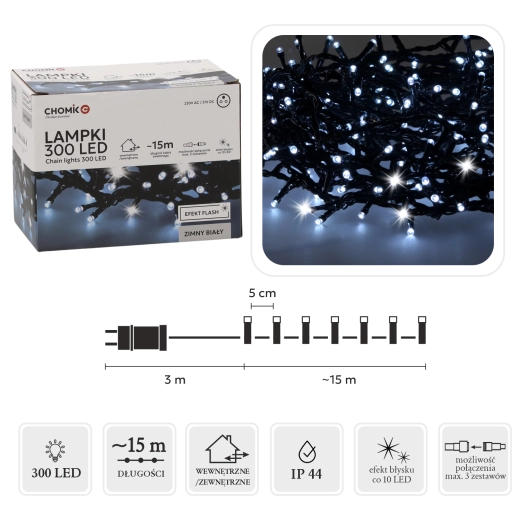 LED řetěz 300 diod studená bílá s efektem flash, 18 m pro vnitřní i venkovní použití