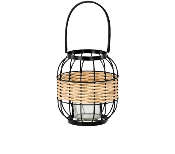 Dekorativní kovovo-dřevěný lucern s vložkou ze skla