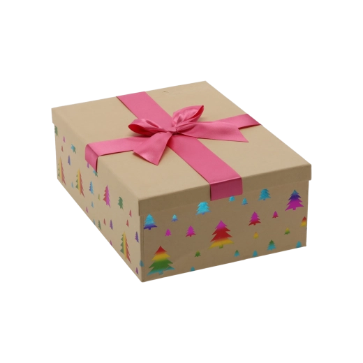 Vánoční dárková krabička hnědá s růžovou mašlí 26,5 × 18 × 7 cm - 1 kus
