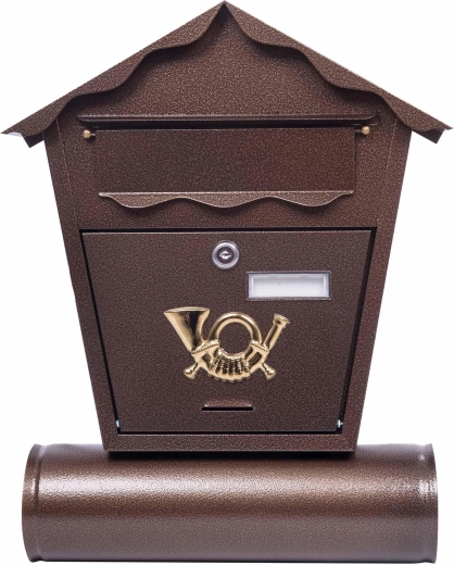 Poštovní schránka s tubusem a špičatou stříškou, bronzová