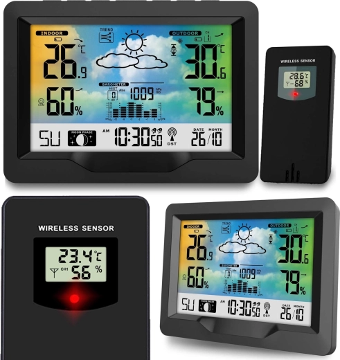 Bezdrátová meteorologická stanice s barevným displejem a DCF synchronizací, černá