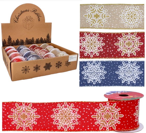 Vánoční dekorativní stuha se sněhovými vločkami 6,3 cm × 2,7 m