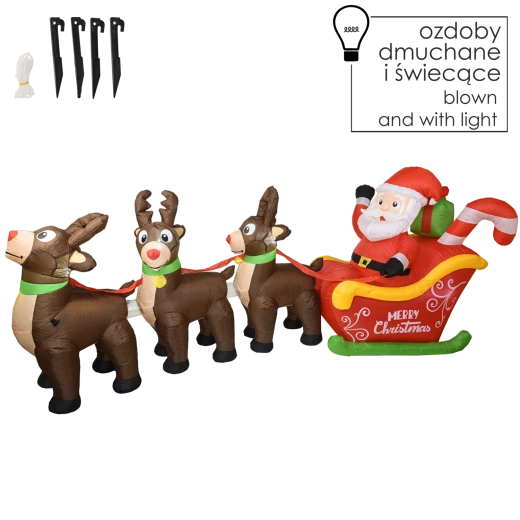 Nafukovací Santa na saních se soby s LED osvětlením - 1 kus