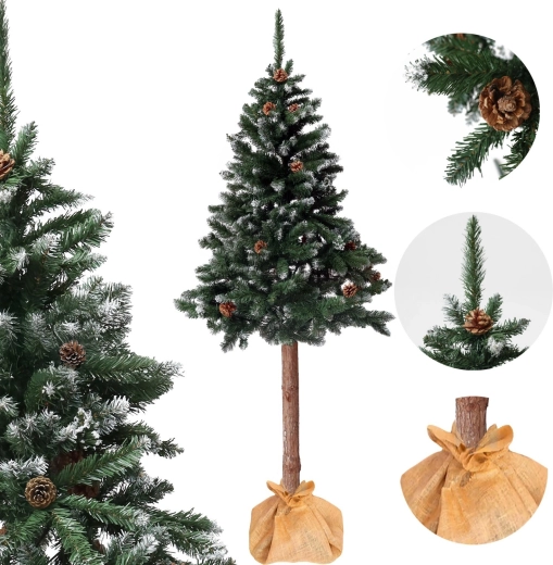 Umělý vánoční stromek na kmínku 180 cm, diamantová borovice se šiškami, zasněžený
