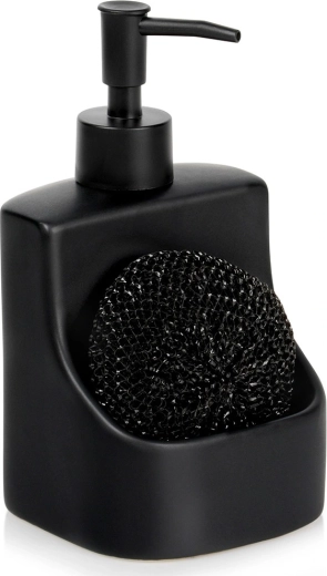 Dávkovač na mycí prostředek s přihrádkou na houbičku, keramický, černý, 400 ml