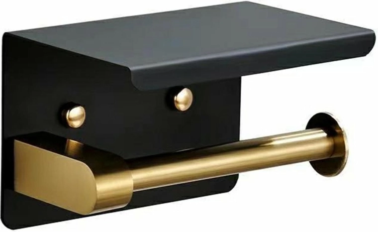 Držák toaletního papíru s poličkou černo‑zlatý