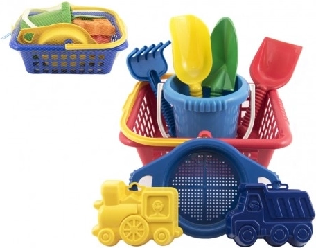 Dětská sada na písek s košíkem, kyblíkem a bábovkami