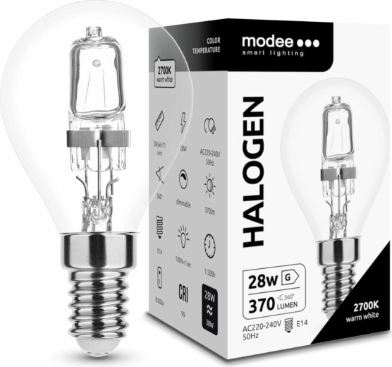 Modee halogenová žárovka Mini Globe G45 28 W E14, 370 lm, teplá bílá