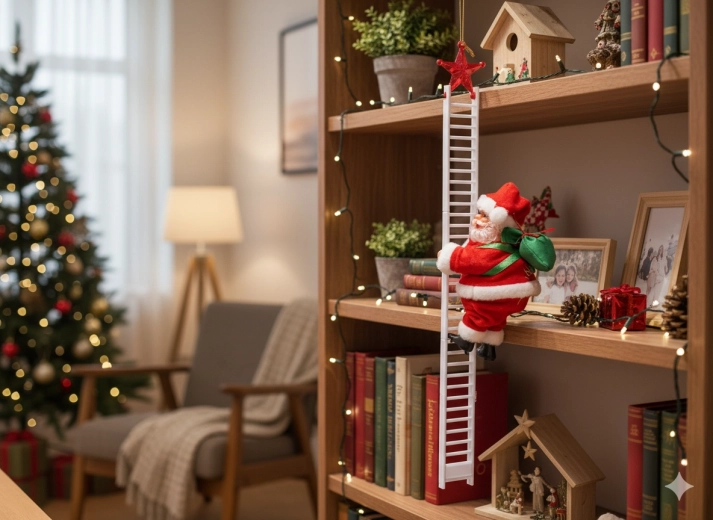 Mikuláš lezoucí po žebříku 20,5 cm – pohyblivá vánoční dekorace s melodií