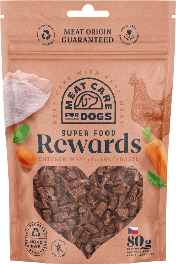Meat Care Rewards Dog pamlsek pro psy – kuřecí s mrkví a bazalkou 80 g