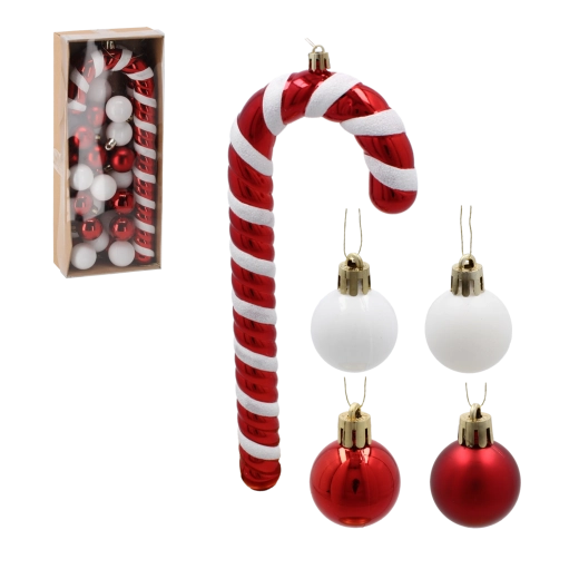 Sada vánočních ozdob 32 ks – cukrová hůlka 25 cm a baňky 3 cm, netříštivé