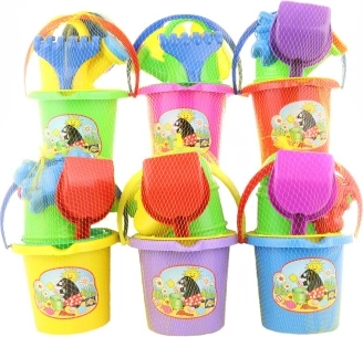 Sada na písek s obrázkem – kyblík, lopatka, hrabičky a konvička