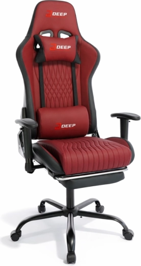 Ergonomické herní křeslo s podnožkou, červeno‑černé, výškově nastavitelné