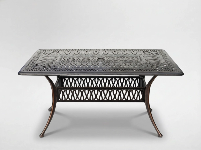 Hliníkový zahradní stůl Hastings, antická bronzová, 150 × 90 × 73 cm