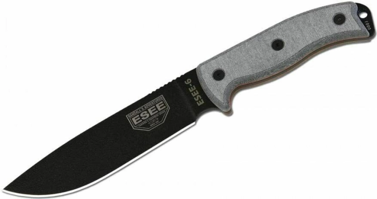 Univerzální nůž ESEE 6P s hladkým ostřím, černá/šedá, Micarta, pouzdro