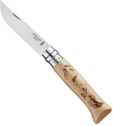 Opinel N°8 kapesní nůž s bukovou rukojetí, motiv horolezectví, 8,5 cm