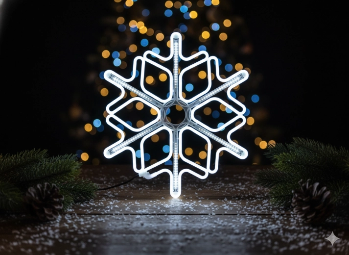 Neonová LED sněhová vločka 60 cm – studená bílá s efektem flash, vnitřní i venkovní