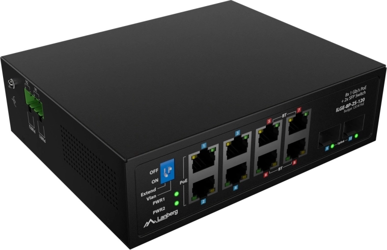 Lanberg ILGE-8P-2S-120 průmyslový PoE++ gigabitový switch na DIN lištu