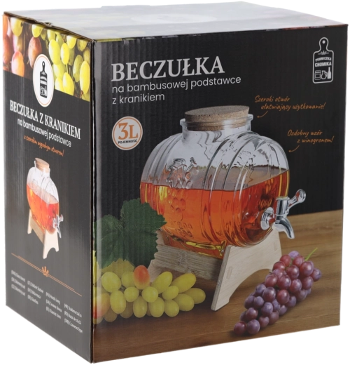Beczułka Winogrono dávkovač nápojů 3 l s kohoutkem a bambusovým stojanem