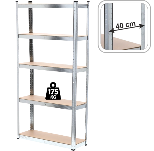 Pětipatrový kovový regál 220 × 90 × 40 cm, nosnost police 175 kg