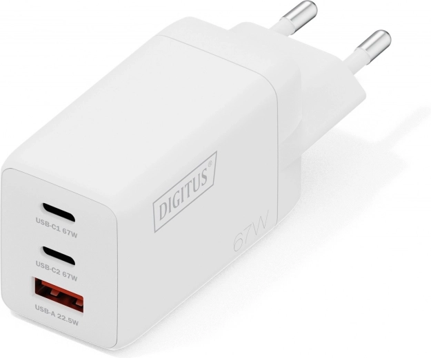 Nabíječka do sítě USB GaN 67 W, 2× USB‑C a 1× USB‑A, bílá