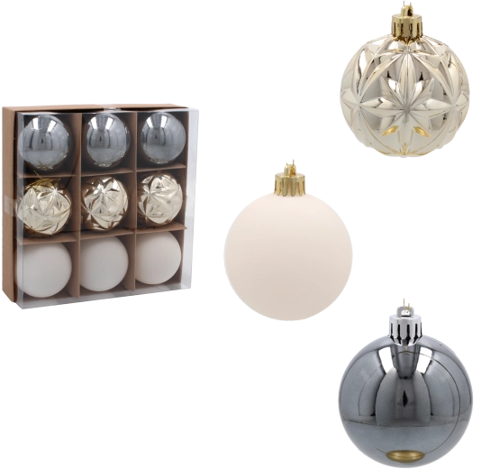 Sada vánočních koulí 6 cm v odstínech šampaňské, šedé a bílé – 9 ks