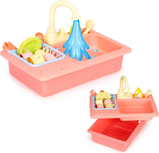 Kuchyňský dřez s kohoutkem naplněným vodou, 12 doplňků, dětská hračka