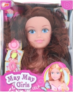 Česací hlava brunetka pro dětské účesy s doplňky