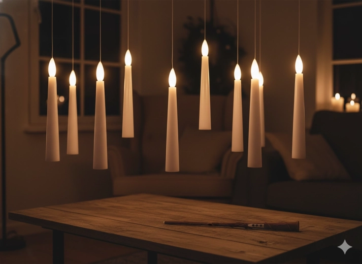 Sada 10 visících LED svíček s kouzelnou hůlkou 1,5 × 15,5 cm