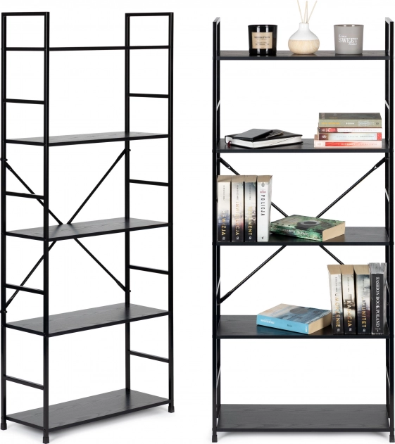 Široká loftová dřevěná knihovna s 5 policemi ModernHome, černá