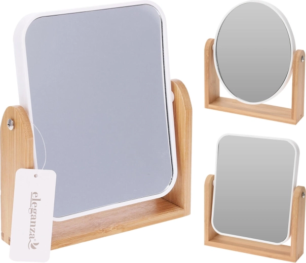 Kosmetické koupelnové zrcátko se stojánkem 18 × 21 cm, sklo a bambus