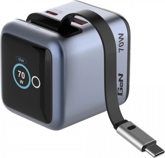 Verbatim mini GaN nabíječka 70 W s výsuvným USB‑C kabelem a displejem