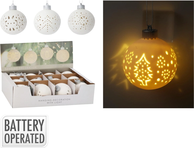 Závěsná LED dekorativní koule 10 cm – bílá, mix motivů