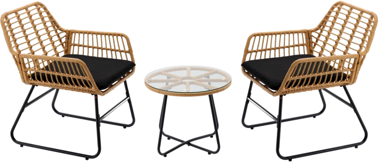 Zahradní bistro set z umělého ratanu, 2 křesla a kulatý stolek, hnědý, černé podušky