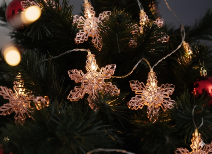Světelný řetěz LED sněhové vločky růžové zlato, teplá bílá, 10 LED