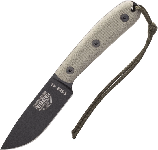 ESEE 4HM survival nůž s čepelí 11 cm, černý povlak, olivová Micarta, kožené pouzdro