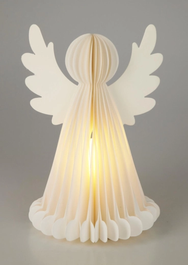 Svítící vánoční anděl z papíru s časovačem 28 cm, 6 LED, bílý