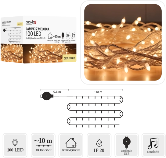 LED světelný řetěz s melodií USB, teplá bílá, 100 diod, 10 m