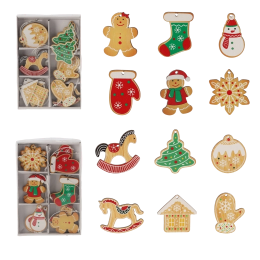 Sada 18 dřevěných vánočních ozdob ve tvaru perníčků