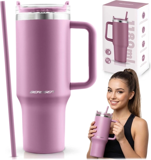 Berdsen růžový vakuový termohrnek se slámkou 1180 ml